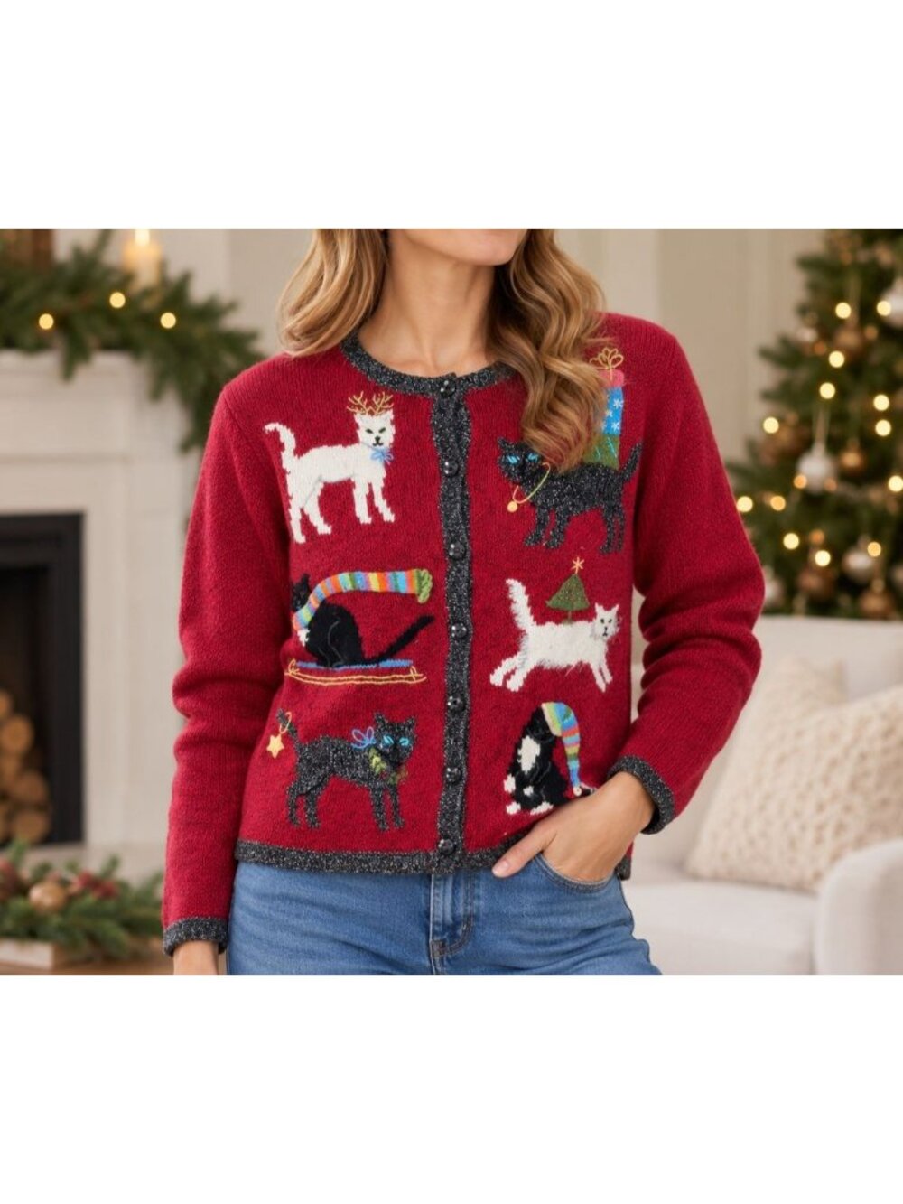 Vintage Northern Isles Christmas 2004 Cat Cardigan Ugly Sweater Red Holiday Sz M